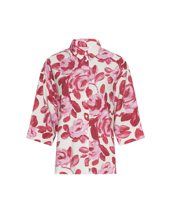GRS certified, eco-friendly materials
Loose fit for comfort
Classic collar with full button front
3/4 sleeves with wide cuffs
Large floral print in rose-red tones
Made from sustainable viscose and recycled polyamide
Perfect for casual wear
Breezy and comfortable fabric