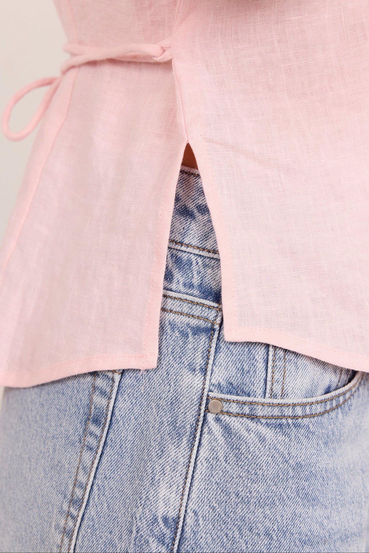 Villager Blush Linen Tie Back Short Sleeve Shirt