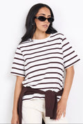Brown and white stripe design

Oversized boxy fit for a modern silhouette

Short sleeve

Fabric Composition - 100% Cotton