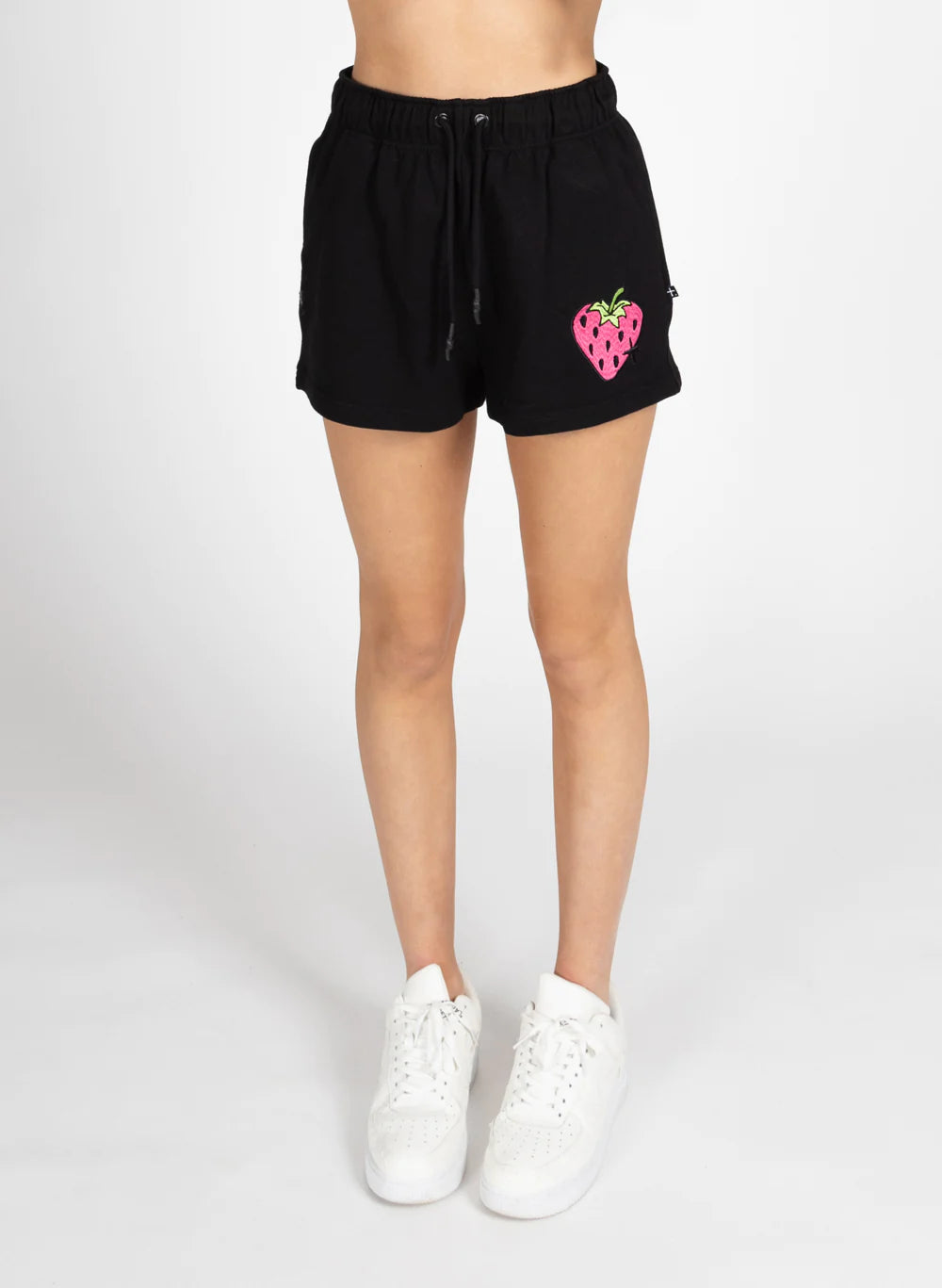 Our cropped little shorts are the perfect short shorts to own in summer. Pair with some cute trainers and an oversized tank. Featuring our Little Berry print right above the hem on the right leg.