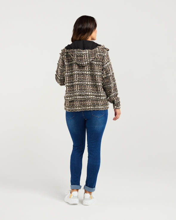 Discover the perfect blend of style and functionality with this sophisticated yet casual jacket, featuring a cosy hood, rustic textured fabric and an elasticated waistband to adjust just how you want. The textured fabric adds depth and interest, while the pockets provide added convenience for storing small essentials or keeping those hands snug. Ideal for layering over casual outfits, this jacket offers both warmth and comfort, making it perfect for cooler days in between seasons.&nbsp;