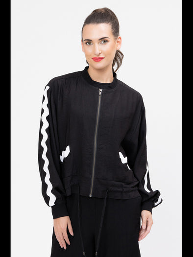 65% Viscose, 35% Nylon

Zip front closure for effortless wear

Ric rac trim down sleeves and pocket edges

Crew neckline with ribbed cuffs for a neat finish

Functional side pockets

Drawcord hem for adjustable styling

Unlined, standard fit for a relaxed style
