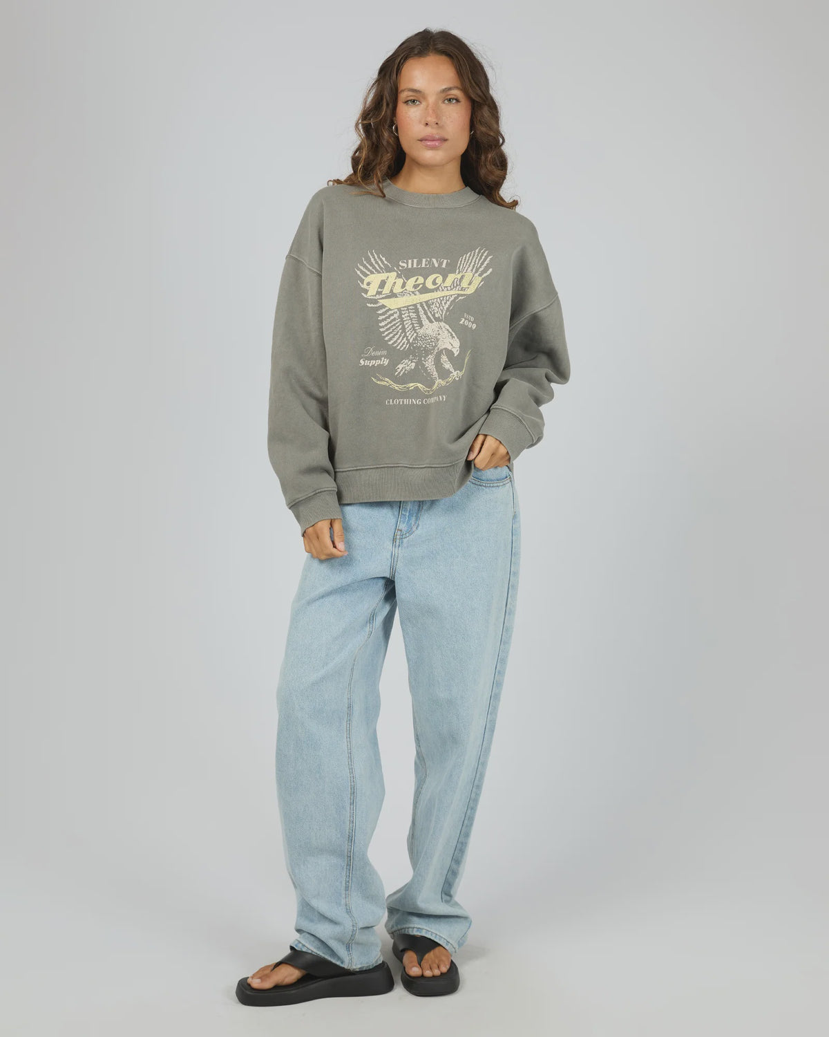 Ribbed crew neckline, cuffs, and hem to retain shape.
Muted, washed-out grey "Coal" hue.
An eagle graphic at the front.
Long sleeves with dropped shoulders.
Fleece-lined.
Oversized fit.