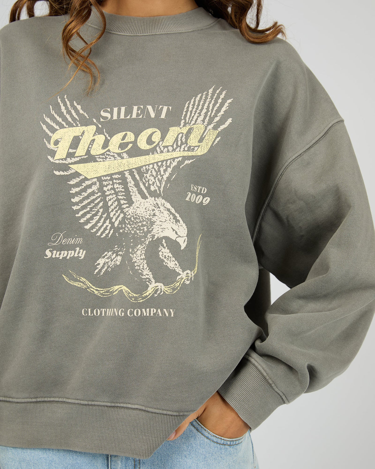 Ribbed crew neckline, cuffs, and hem to retain shape.
Muted, washed-out grey "Coal" hue.
An eagle graphic at the front.
Long sleeves with dropped shoulders.
Fleece-lined.
Oversized fit.