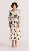 Introducing the Aura Midi Dress - the perfect combination of style and ease. Cut from a lightweight fabric in our exclusive abstract print, this dress effortlessly transitions from casual days to special occasions. With a button-through front, gathered waist, and soft sleeve volume, it's the epitome of throw-on-and-wow.
