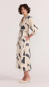 Introducing the Aura Midi Dress - the perfect combination of style and ease. Cut from a lightweight fabric in our exclusive abstract print, this dress effortlessly transitions from casual days to special occasions. With a button-through front, gathered waist, and soft sleeve volume, it's the epitome of throw-on-and-wow.