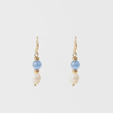 Gold plated hook earrings with a blue bead and pearl drop