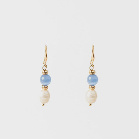 Gold plated hook earrings with a blue bead and pearl drop