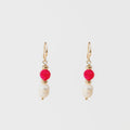 Gold plated hook earrings with a bright pink bead and pearl drop