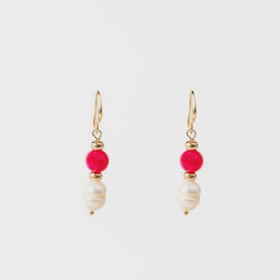 Gold plated hook earrings with a bright pink bead and pearl drop