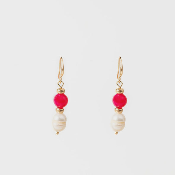 Gold plated hook earrings with a bright pink bead and pearl drop