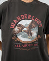 Get ready for some wanderlust with the Wanderlust Oversized Tee. Its distressed print adds a vintage touch and pairs perfectly with your favorite denim for a relaxed, effortless look. In a vintage washed black giving the print that worn edge. This soft tee is sure to be your go-to for laid-back days.

Oversized fit
Front print
Distressed graphics