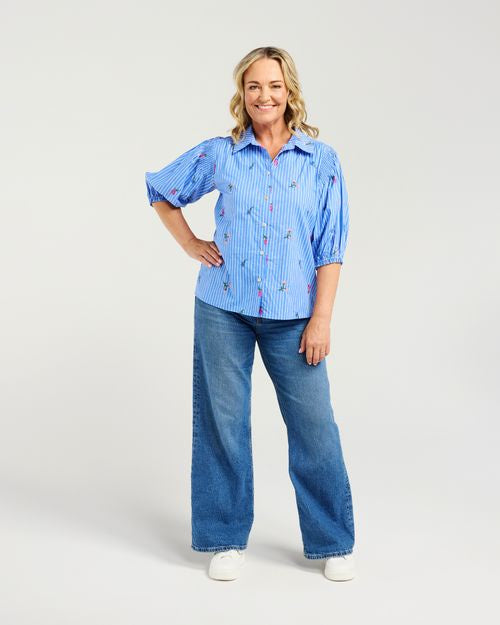 Blue and white stripe
Embroidered floral detailing
Elasticated sleeve detail
Relaxed, flattering fit
Lightweight and breathable
100% Cotton