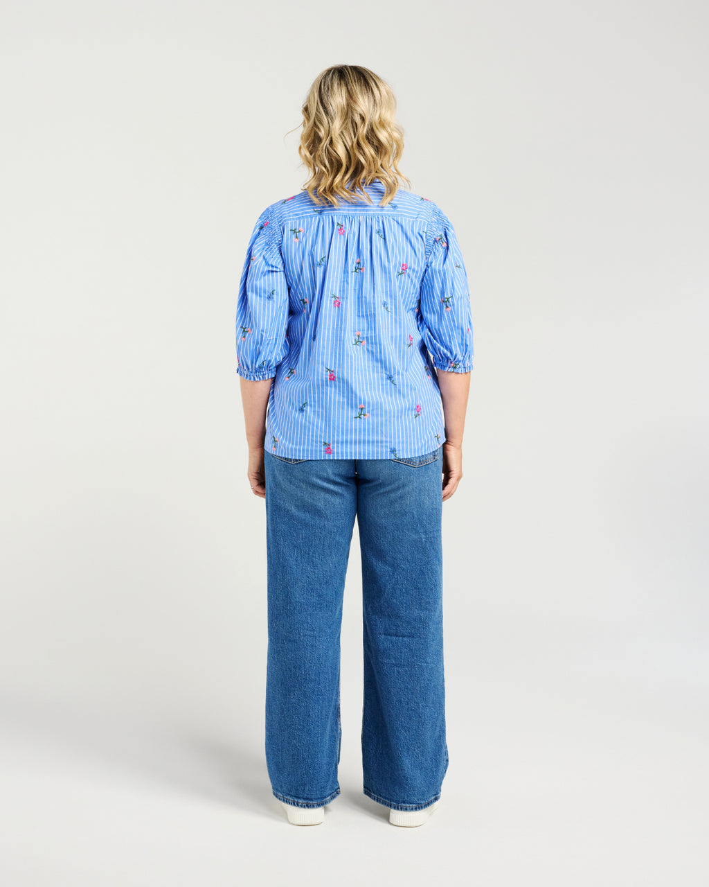 Blue and white stripe
Embroidered floral detailing
Elasticated sleeve detail
Relaxed, flattering fit
Lightweight and breathable
100% Cotton