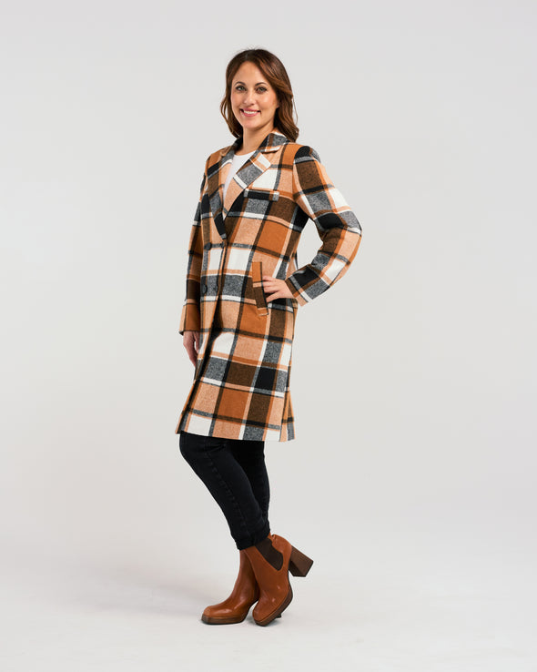 Add a pop of color to your winter wardrobe with our knee-length wool-blend coat! Its classic, elegant style is elevated by a striking orange and black plaid fabric. Perfect for the fashion-forward who still appreciate timeless sophistication.&nbsp;